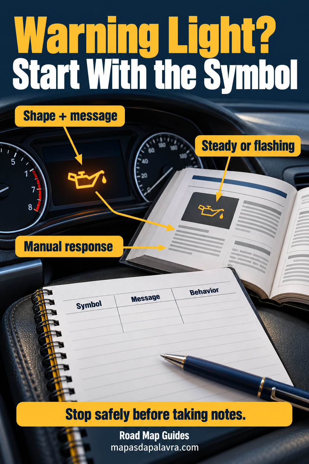 Close view of a parked-car dashboard beside an open manual and a blank warning record, with labels for shape, message, behavior and manual response.