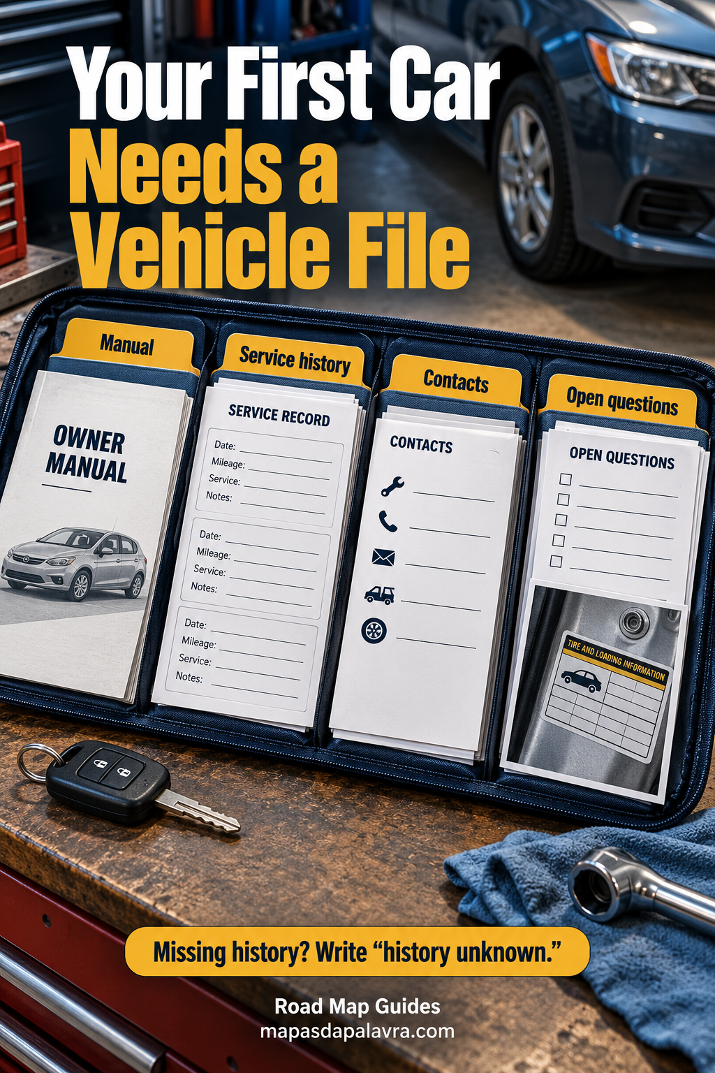 Open accordion folder with four tabs for a vehicle manual, service history, contacts and open questions, beside a car key and blank service records.