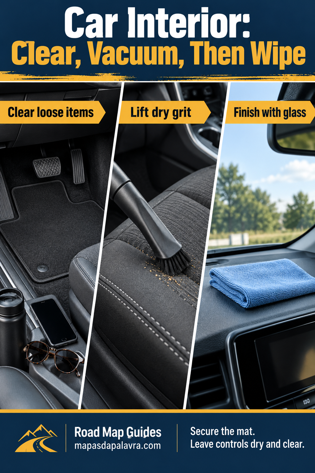 Three parked-car interior views showing a clear retained driver mat, dry vacuum tools at a seat seam and a clean glass cloth at the windshield.