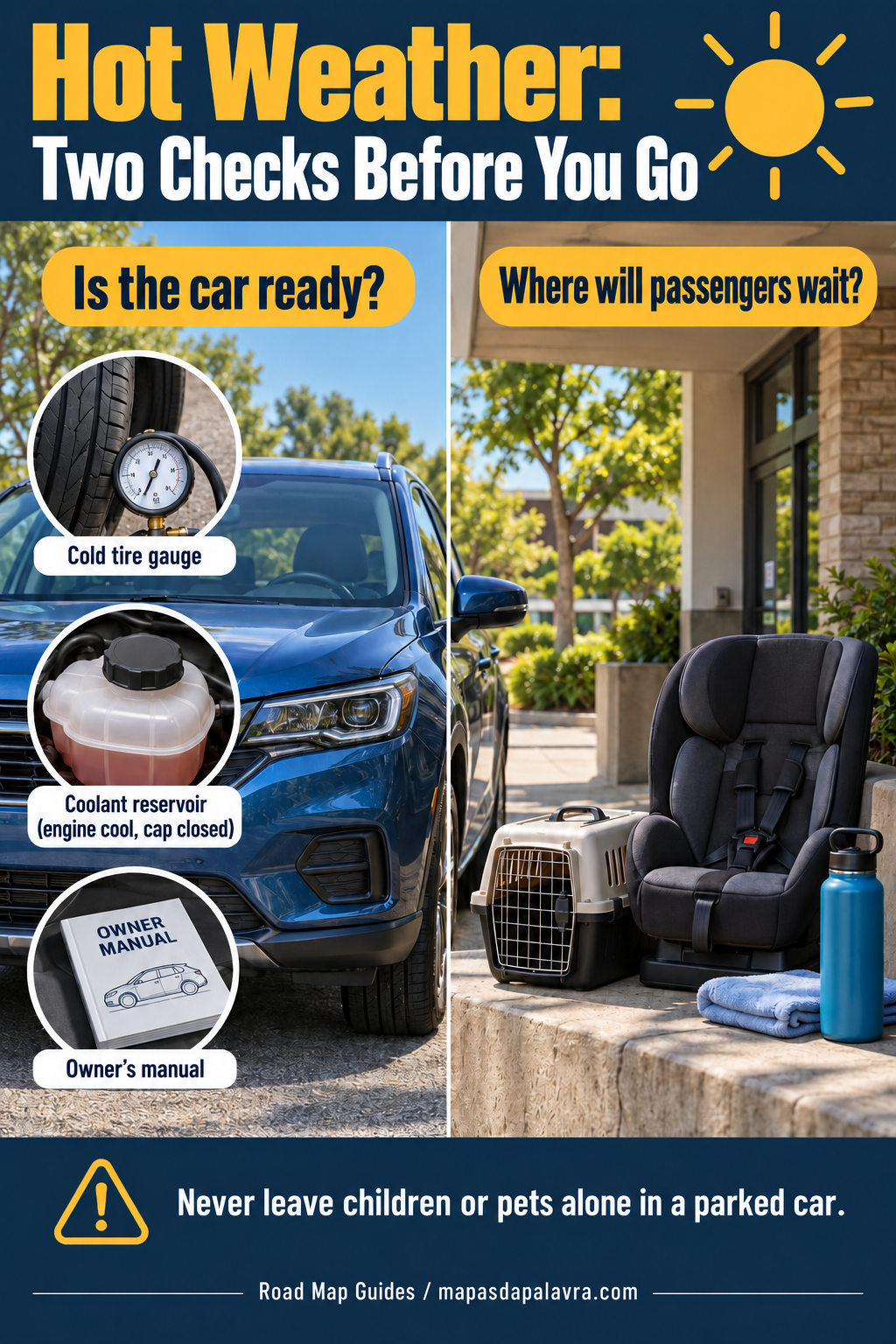 Summer preparation scene with a parked car, tire gauge and manual on one side, and an empty child seat, pet carrier and water beside a shaded entrance on the other.
