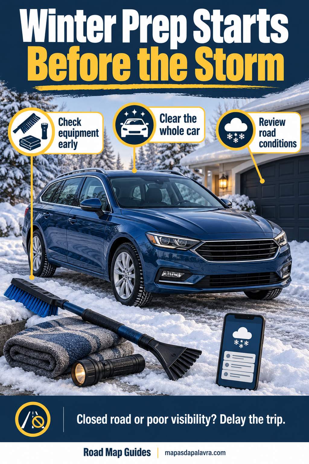 Parked car outdoors in winter with cleared windows, roof and lights, beside a snow brush, scraper, blanket and flashlight.