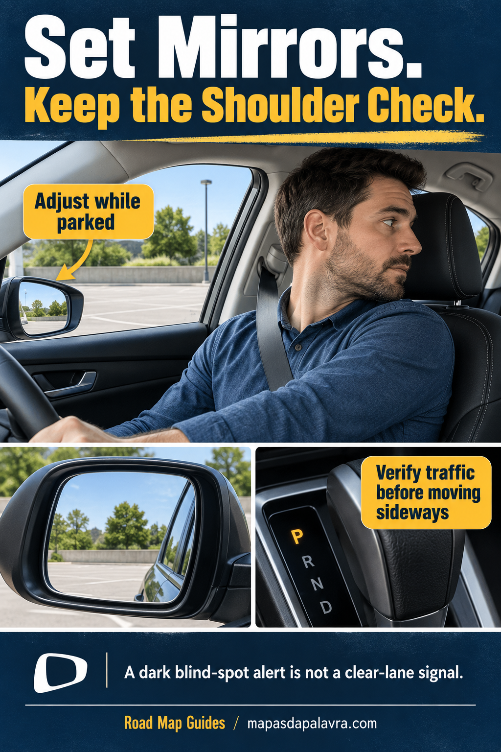Illustrated belted adult in a stationary car demonstrating a brief shoulder glance, with an intact head restraint and separate close-ups of clean mirrors.