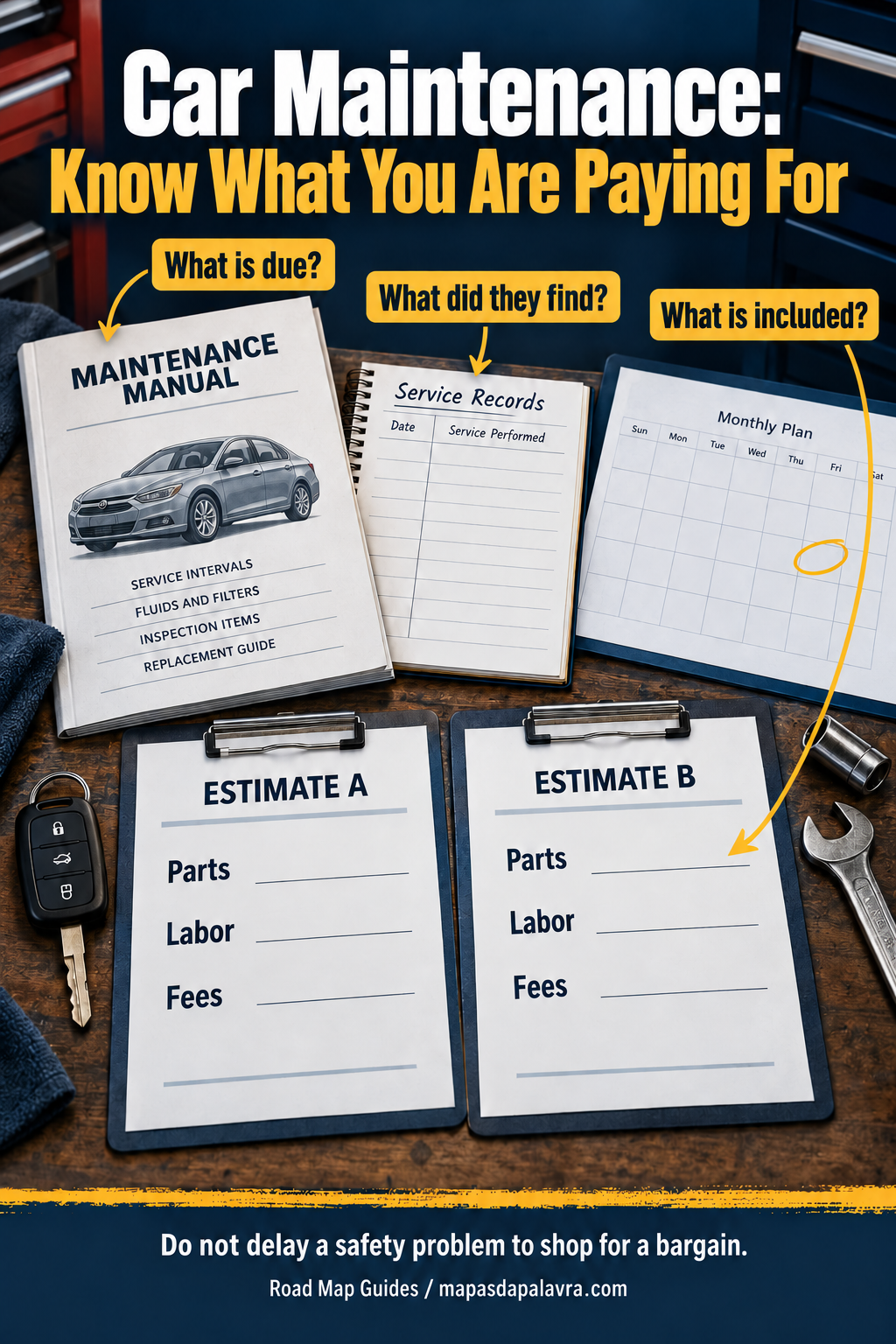 Maintenance manual and service log beside two blank written estimates showing parts, labor and fees, with a car key and calendar.