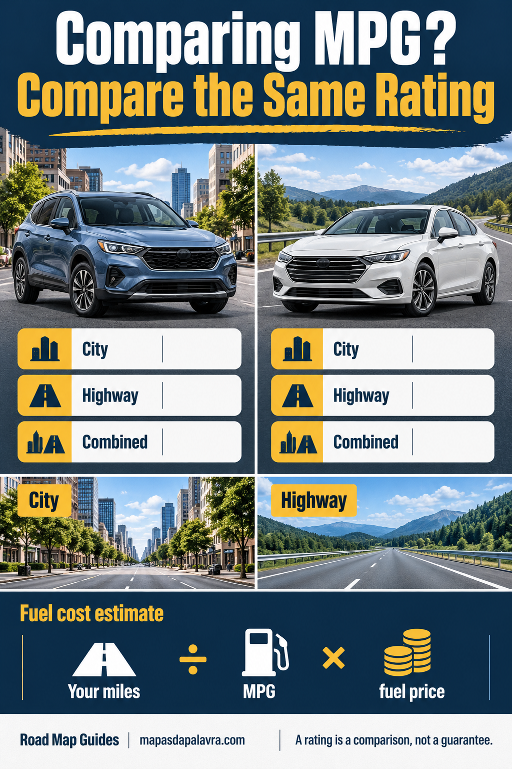 Two unbranded parked cars with matching blank city, highway and combined fuel-economy fields, plus a clearly labeled fuel-cost estimate formula.