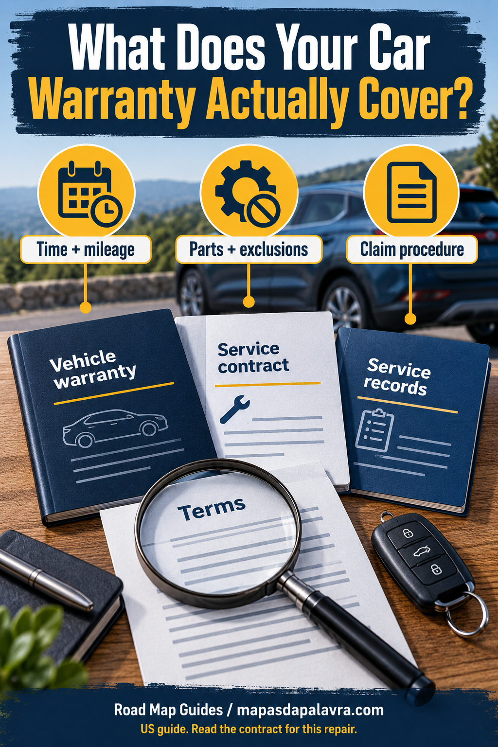Vehicle-warranty and service-contract documents beside service records, a car key and magnifying glass, with callouts for limits, exclusions and claims.