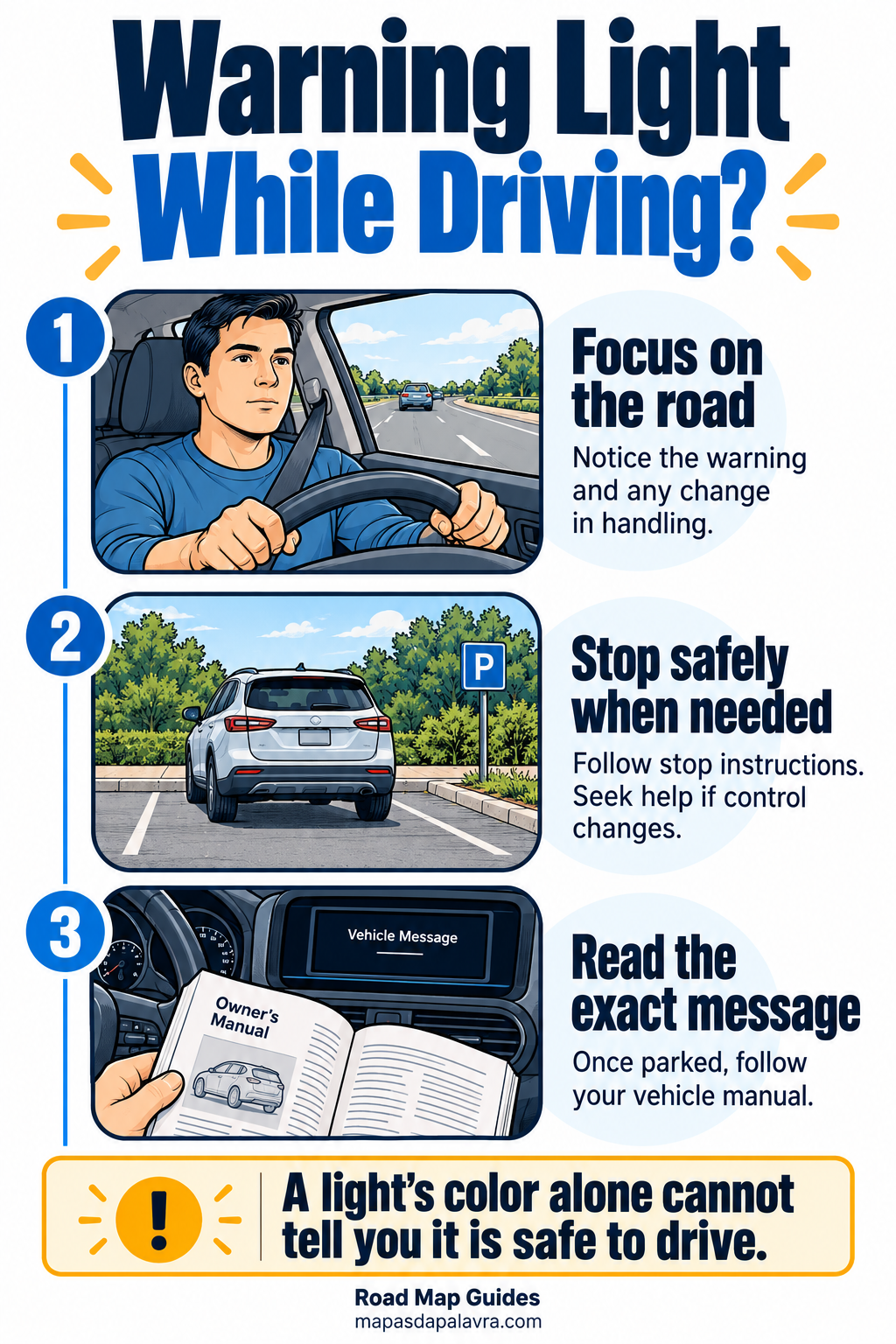 Three automotive instruction scenes: a driver focused on the road, a car safely parked, and a vehicle manual beside the dashboard. Text says to follow the exact warning and not judge safety from color alone.