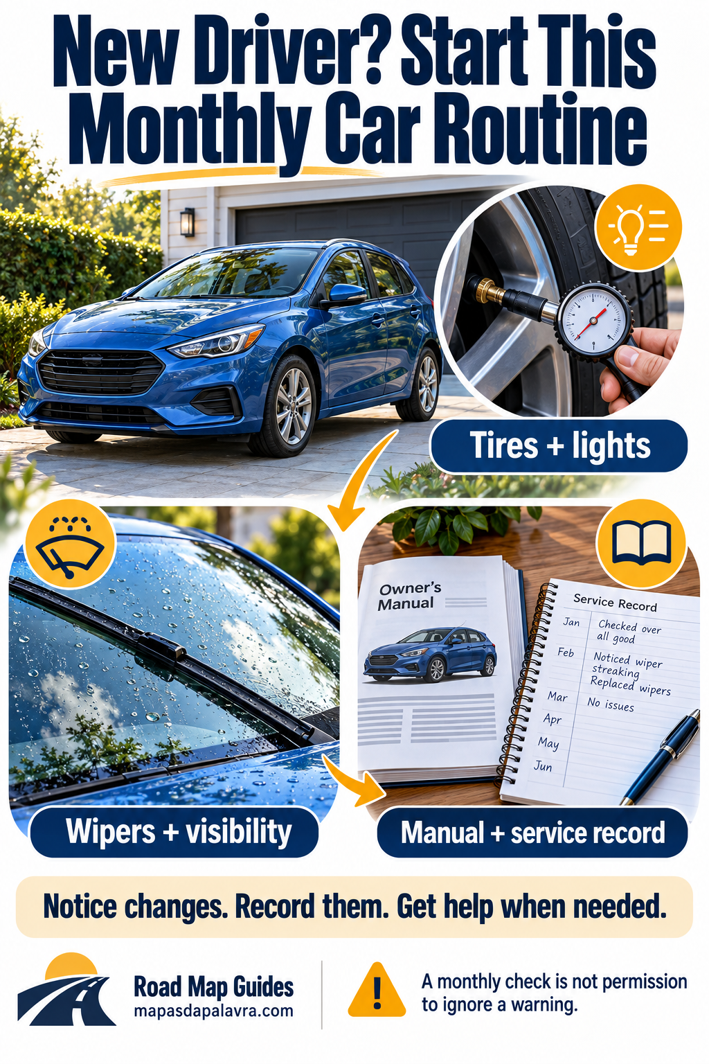 Instructional illustration of a parked blue car, tire gauge, windshield wiper, vehicle manual and observation notebook, with a monthly car routine headline.
