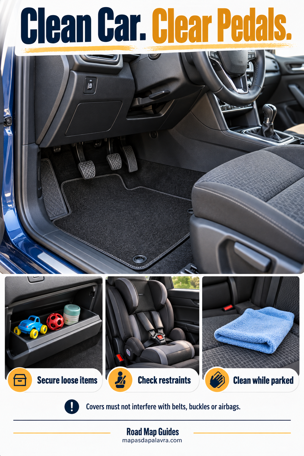 Parked family-car illustration with clear driver footwell, secured storage and cleaning cloths.