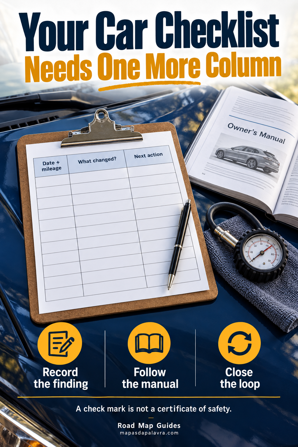 Illustrative blank maintenance record with date, observations and next-action columns beside a gauge and manual.