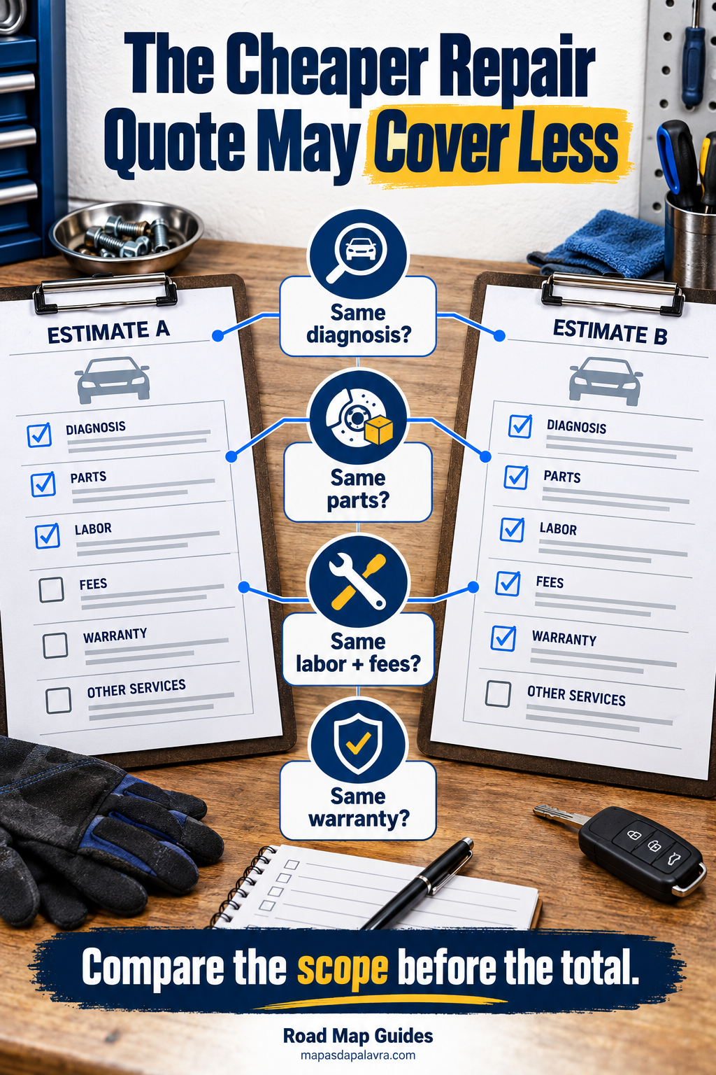 Illustrative repair-estimate documents compared by diagnosis, parts, labor, fees and warranty.