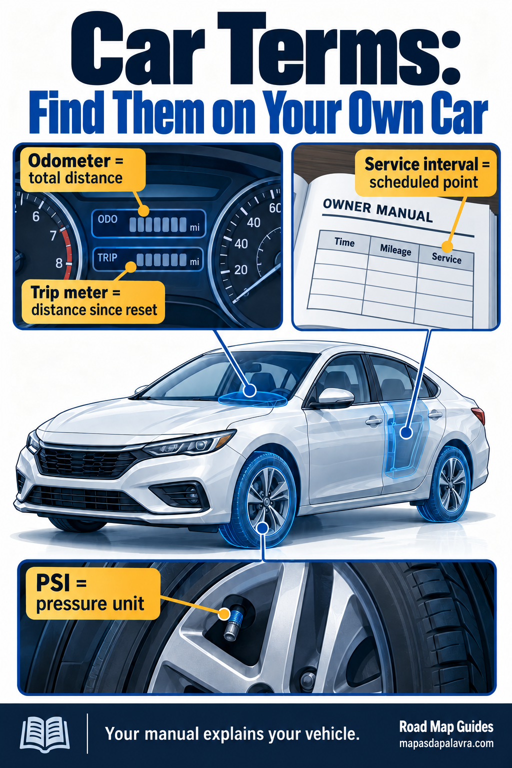 Car diagram locating dashboard counters, tire label and maintenance-record terms.