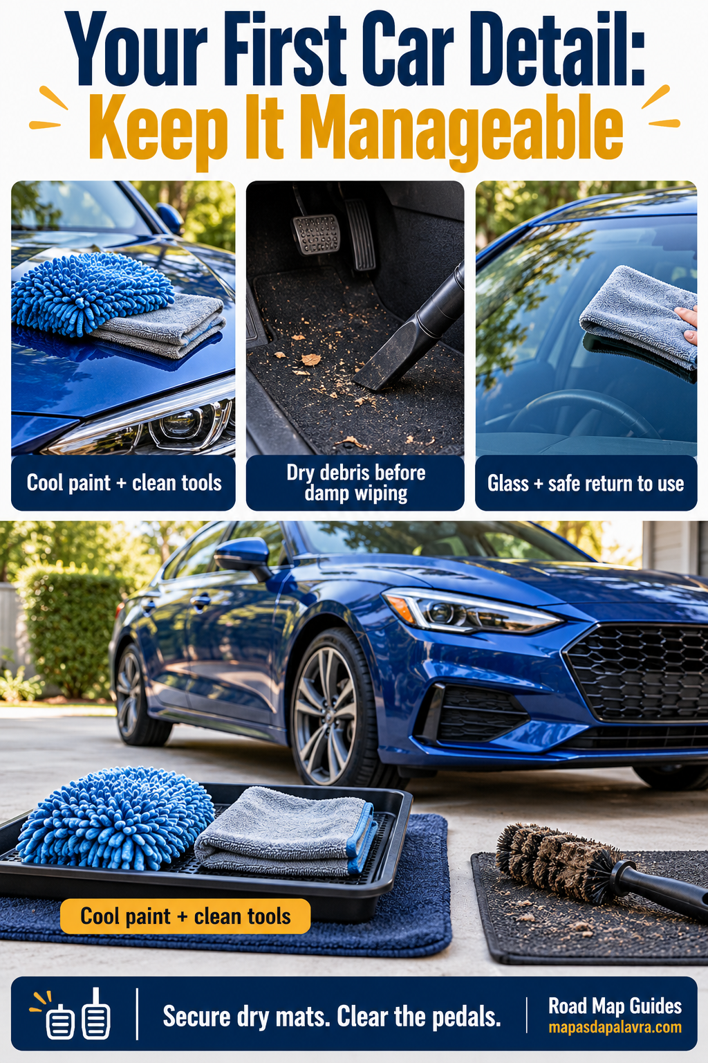 Car-detailing tools arranged separately for paint, wheels and glass beside a parked car.
