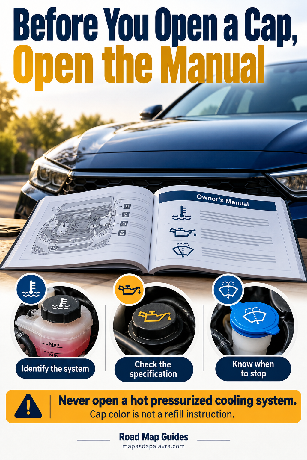 Owner manual beside a closed car hood with labeled observational fluid-system sketches.