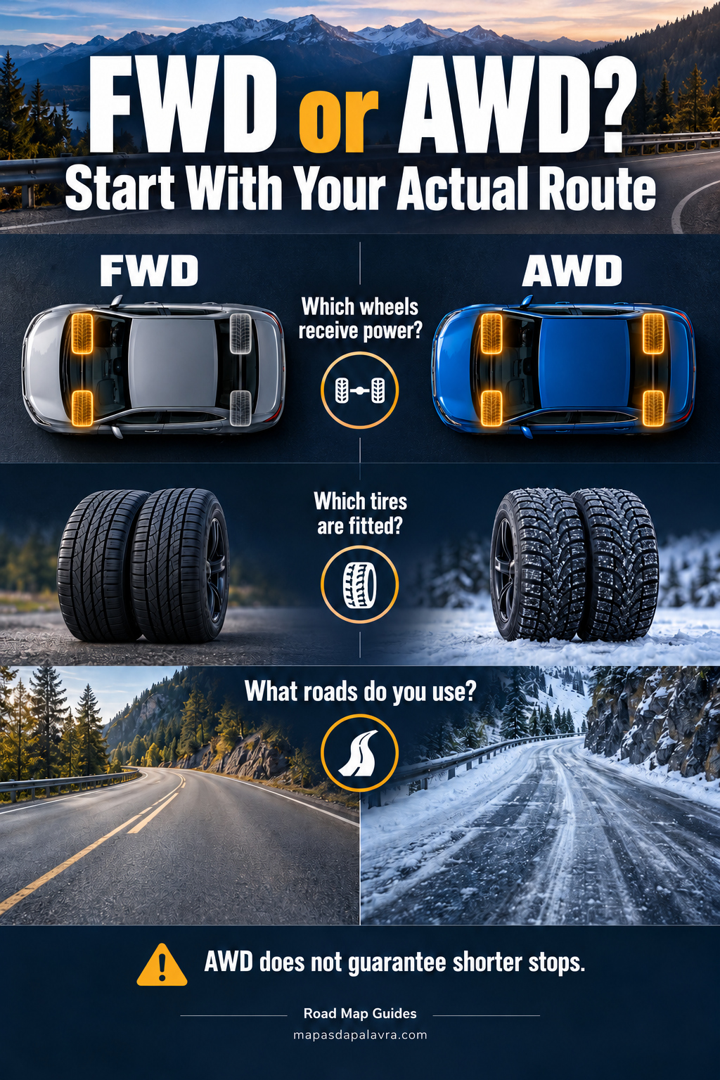 Two overhead car illustrations highlight driven wheels, with tire and route comparison labels.