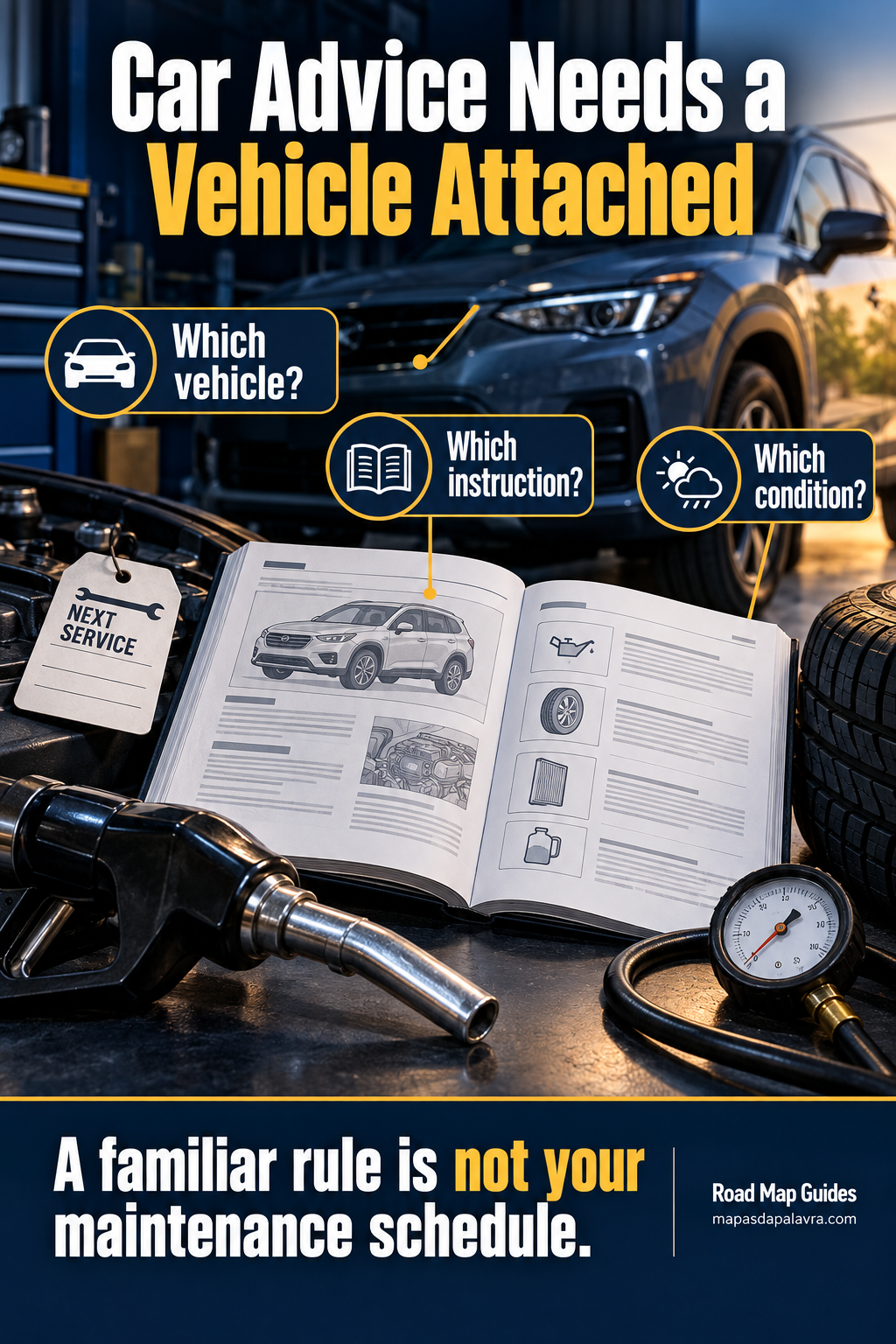 A service sticker, fuel nozzle and tire gauge arranged around an open owner manual.
