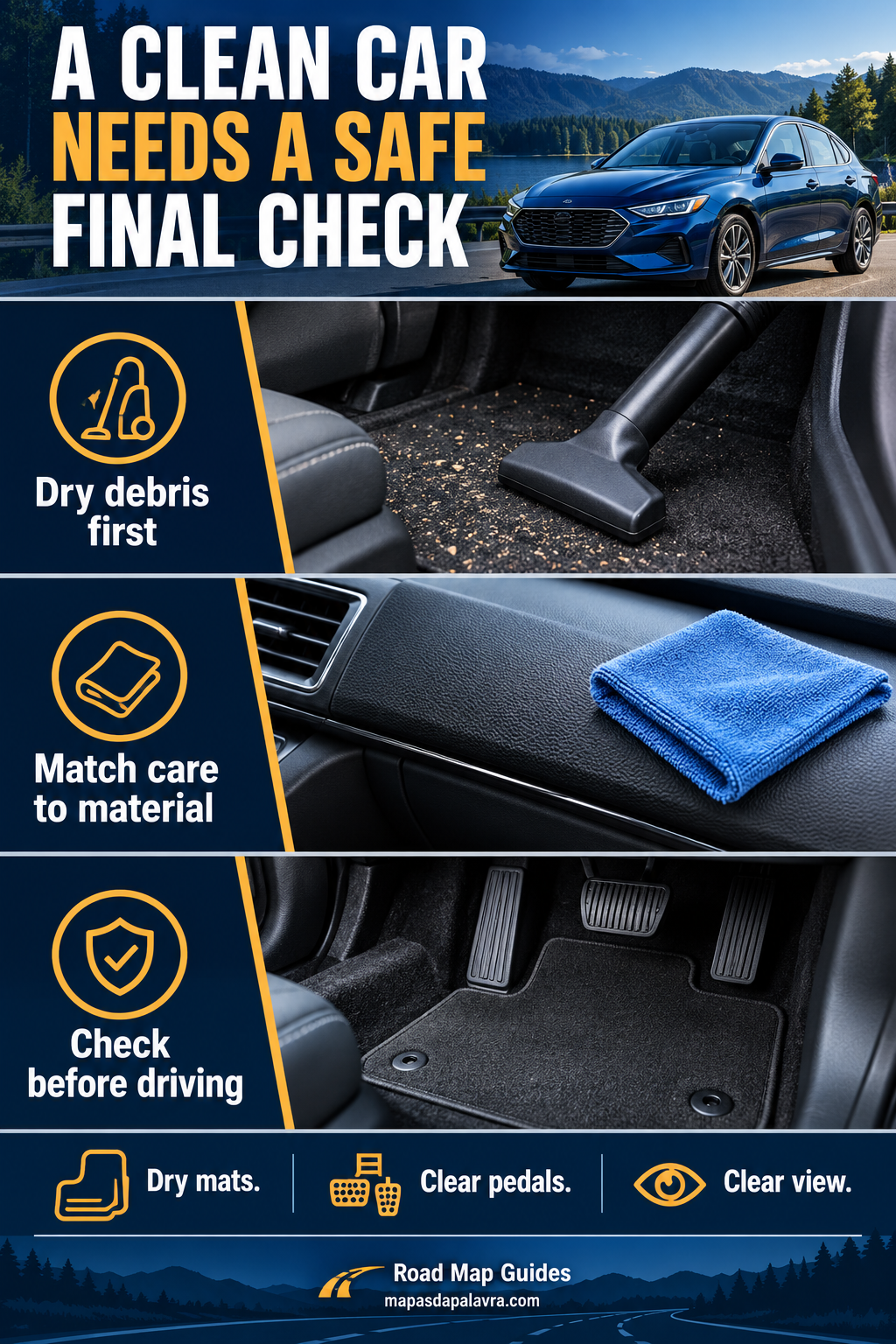 Car cabin cleaning panels show vacuuming, a damp trim cloth and a dry secured mat clear of pedals.