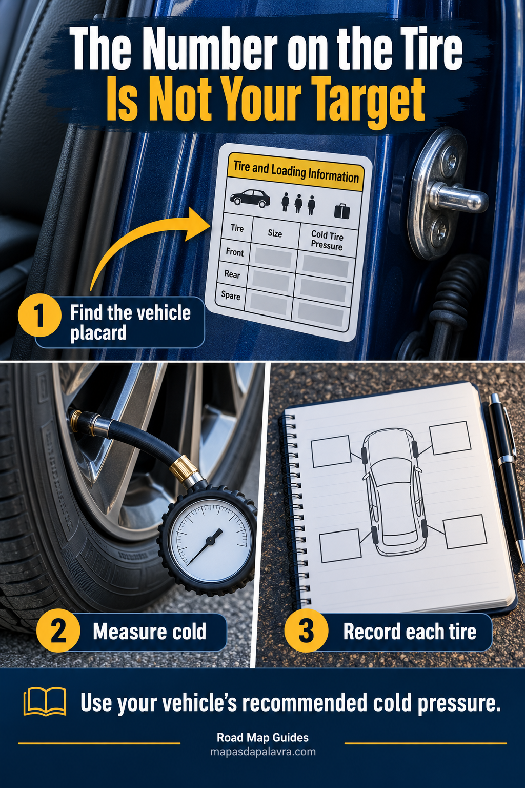 Vehicle tire placard paired with a gauge on a parked tire; labels explain cold readings and vehicle recommendations.