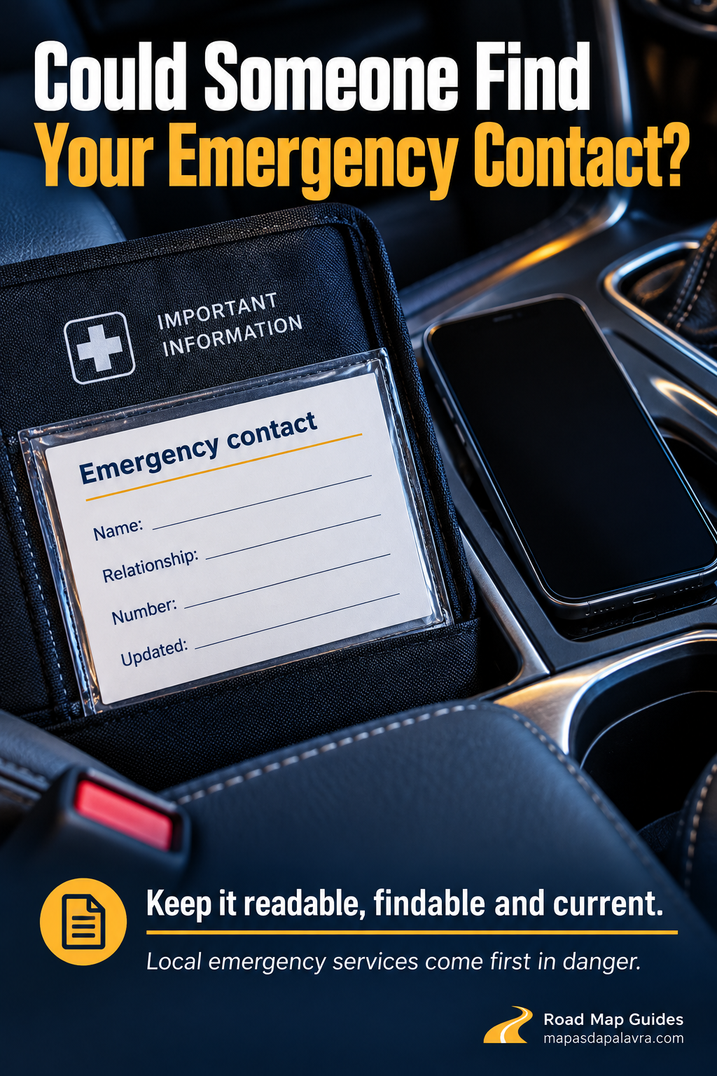 Blank emergency contact card in a document sleeve beside a phone, with name, relationship, number and update fields.