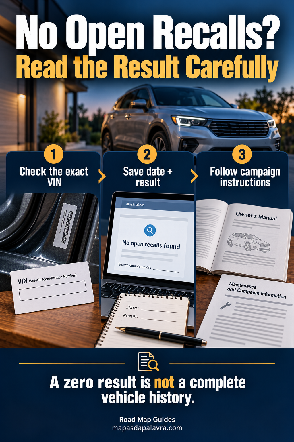 Illustrative VIN lookup and blank campaign record show exact-identifier checking and follow-up steps.
