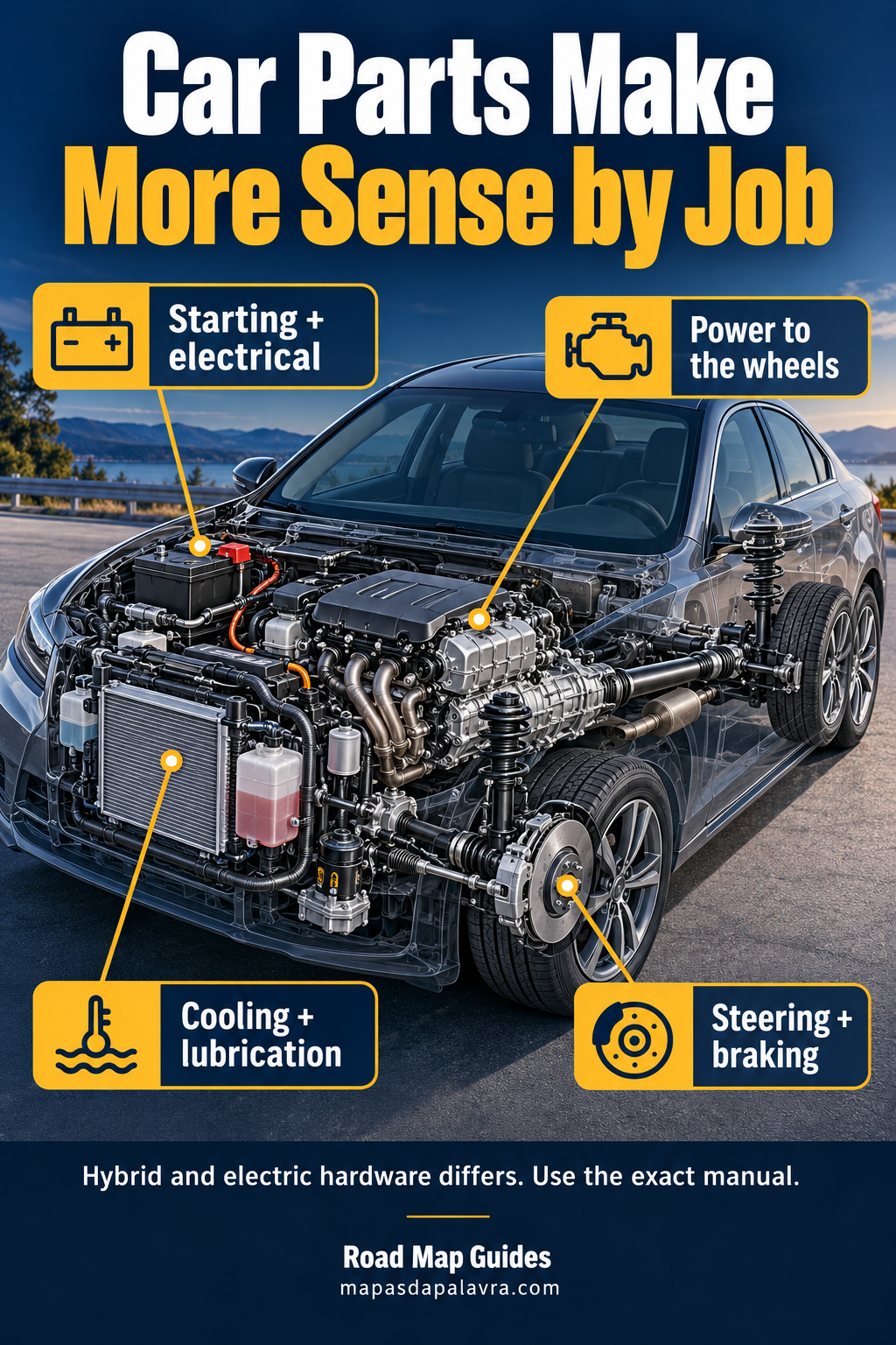 Illustrative gasoline-car cutaway groups power, electrical, control and cooling systems by function.