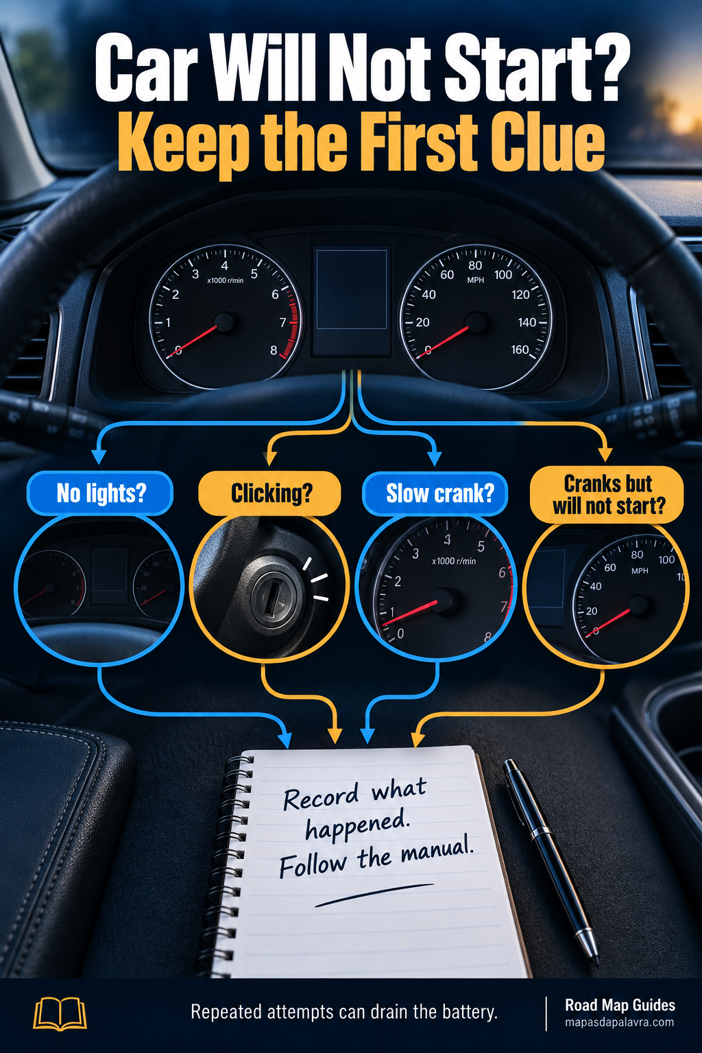 A parked-car dashboard and four symptom branches lead to an observation note instead of a parts diagnosis.