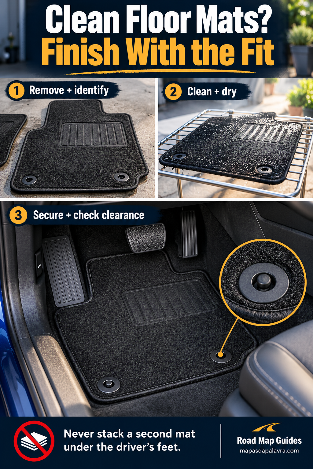 A mat dries outside the car while a fitted dry driver mat is shown secured with clear pedal space.