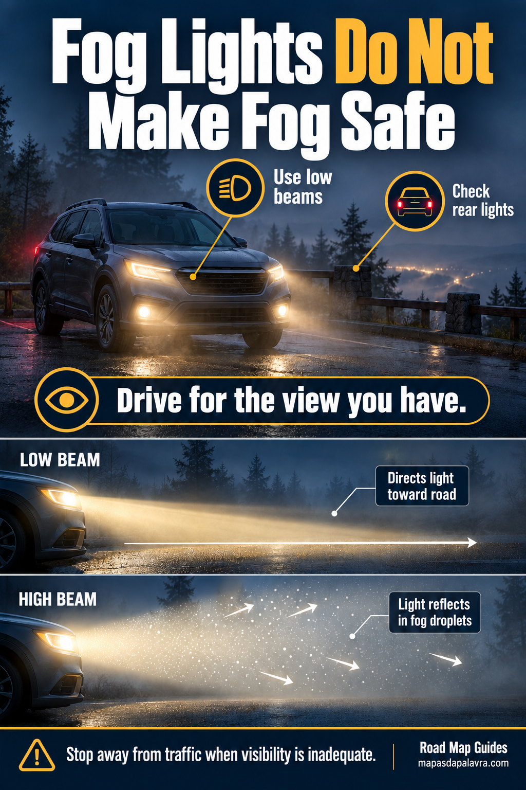 Foggy-road illustration with low-beam and diffuse high-beam diagrams and a safe stopping reminder.