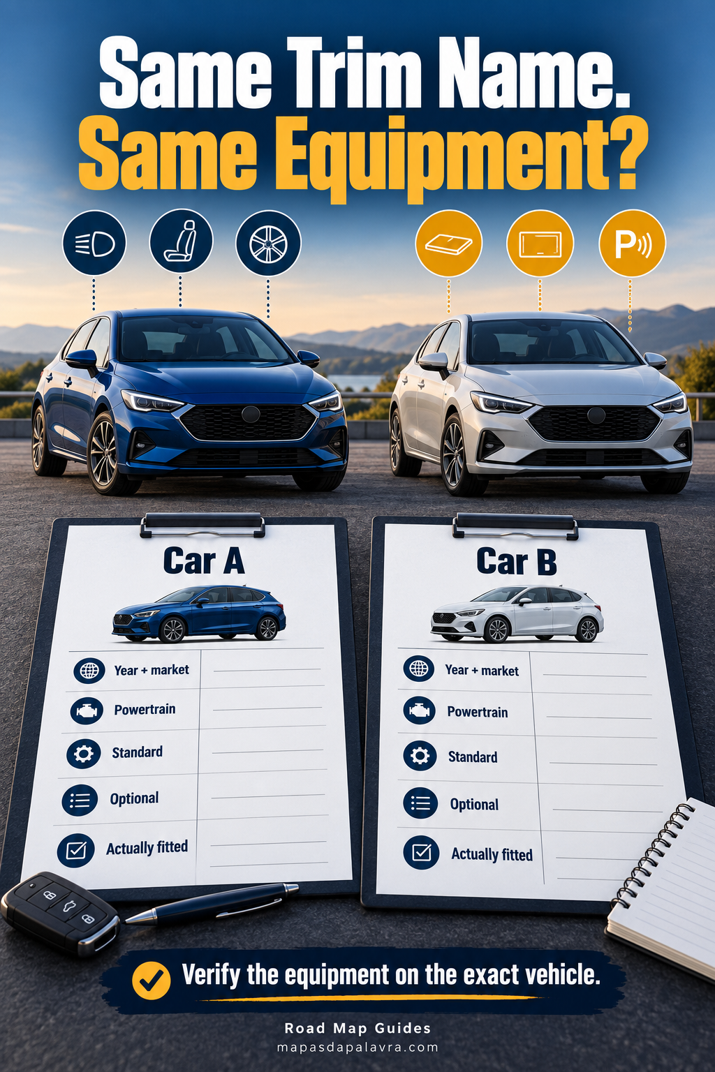 Two car illustrations and comparison sheets list year, powertrain and fitted-equipment checks.
