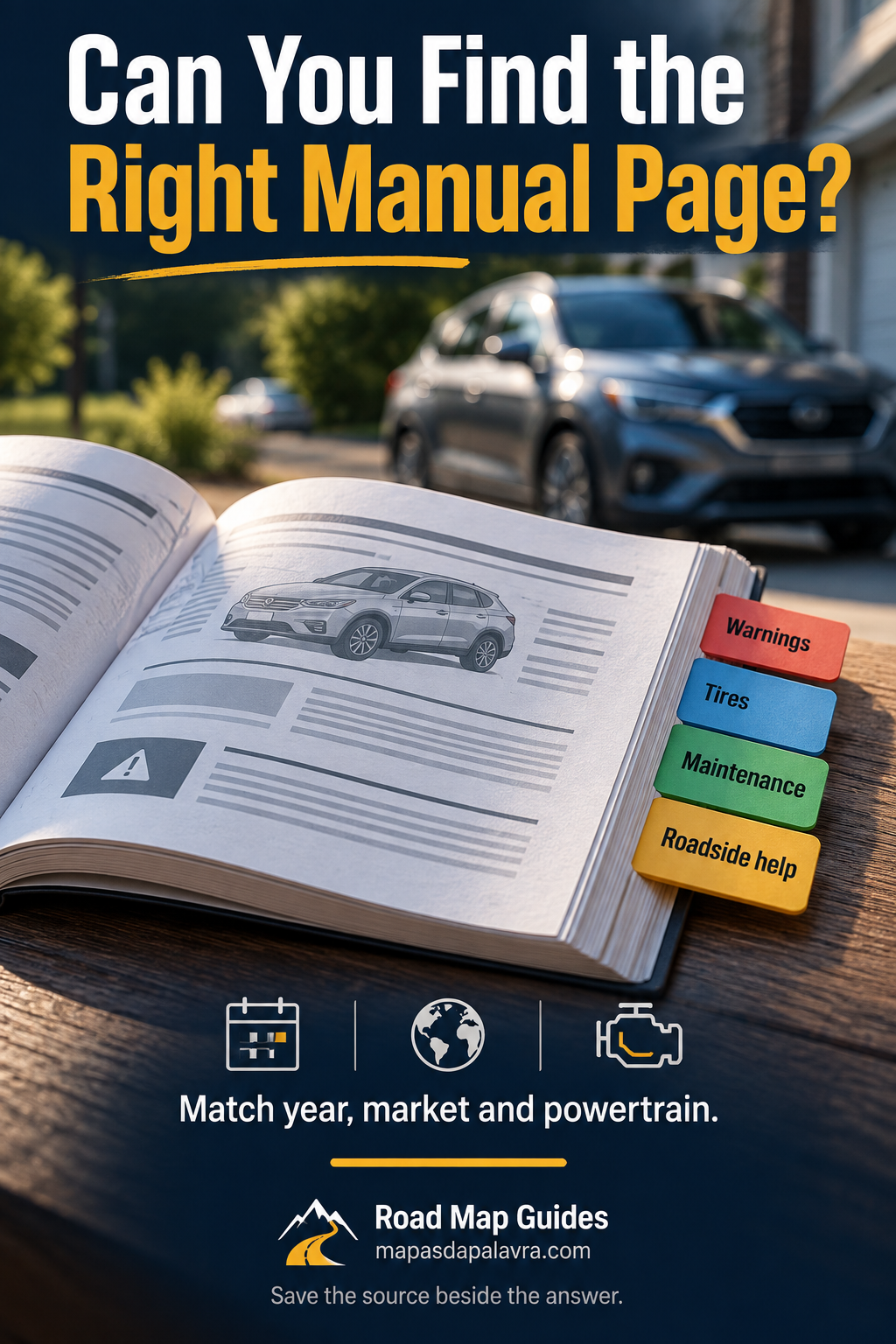 An illustrated owner manual has tabs for warnings, tires, maintenance and roadside help.