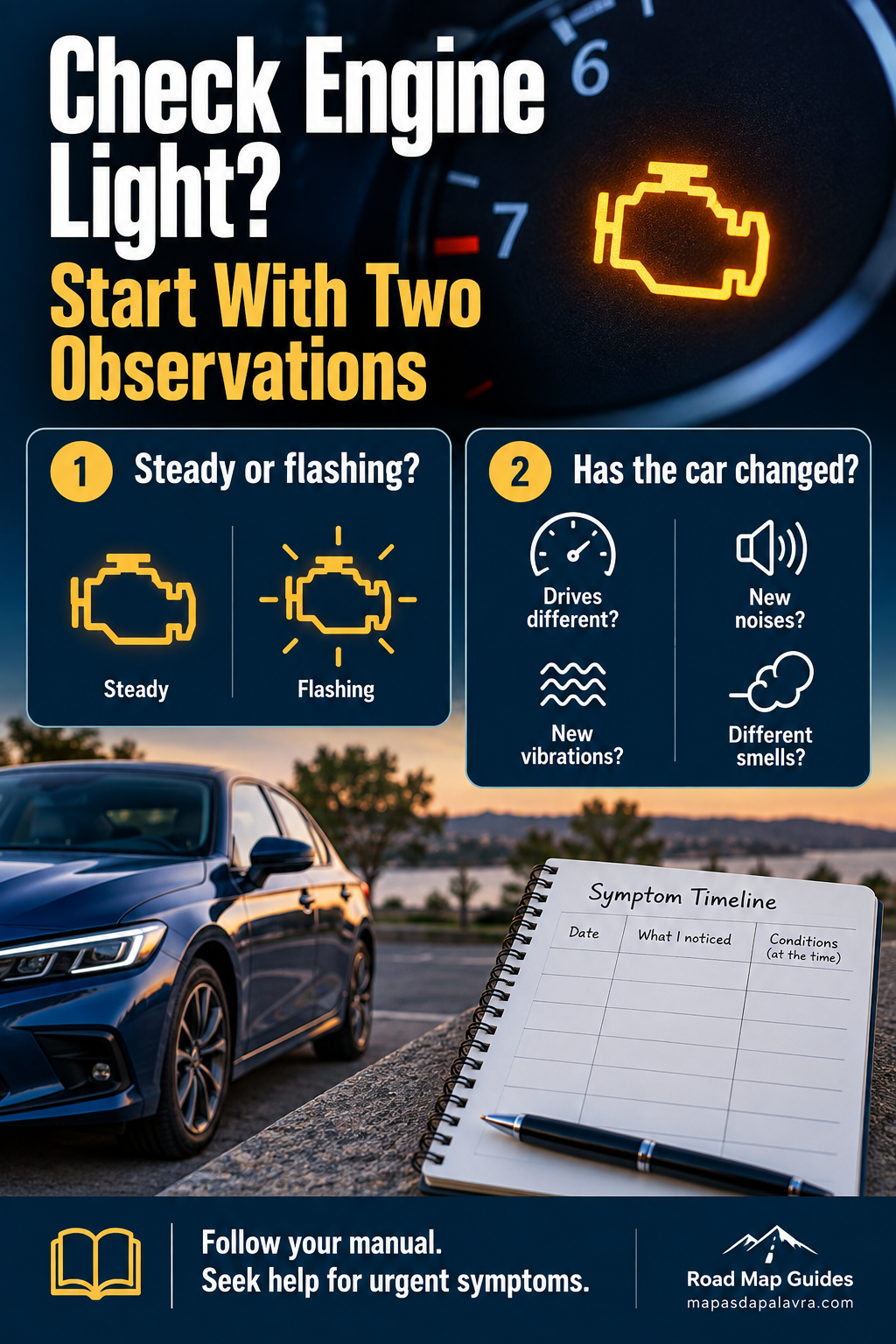 Engine warning icon with steady-or-flashing and vehicle-change questions beside a blank symptom timeline.