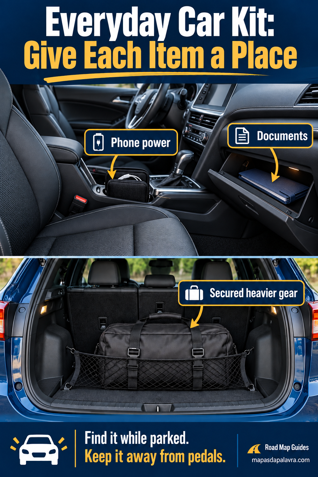 A car storage diagram places documents, phone charging supplies and heavier gear in secure locations.