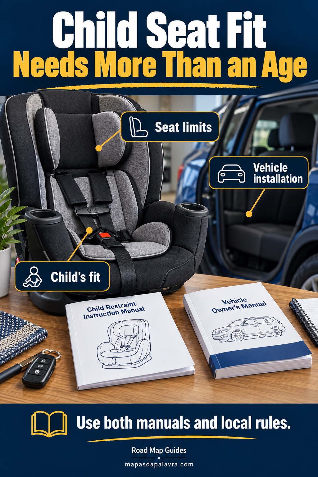 An empty child restraint and two manuals illustrate seat limits, vehicle installation and child-fit checks.