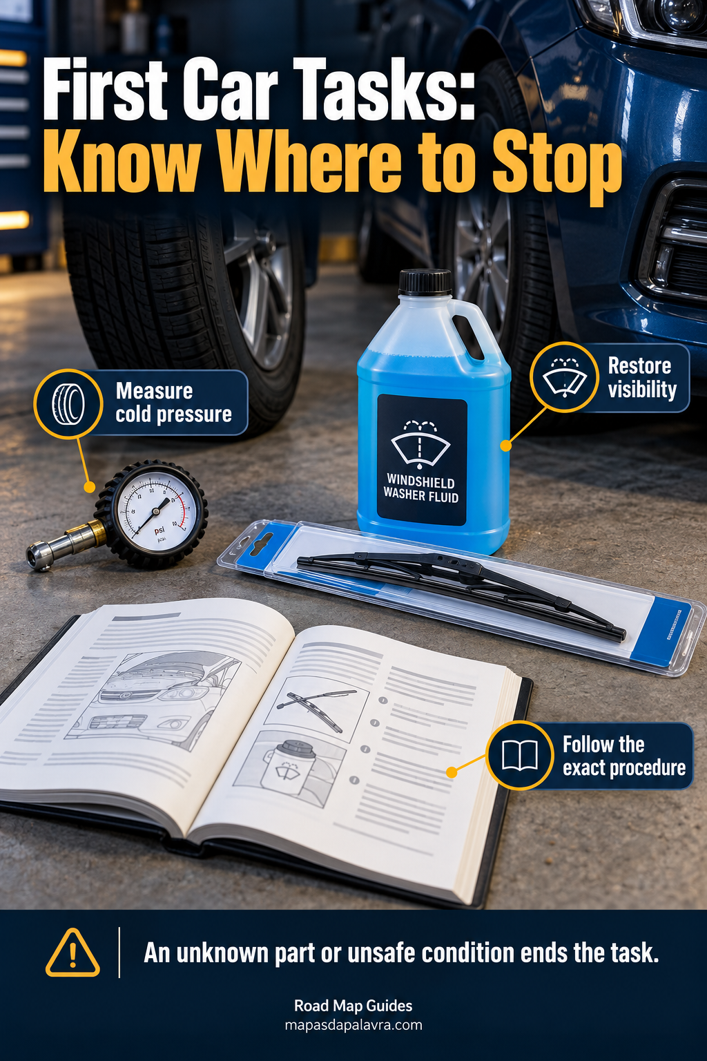 Tire gauge, wiper blade, washer-fluid container and vehicle manual arranged as beginner-task tools.