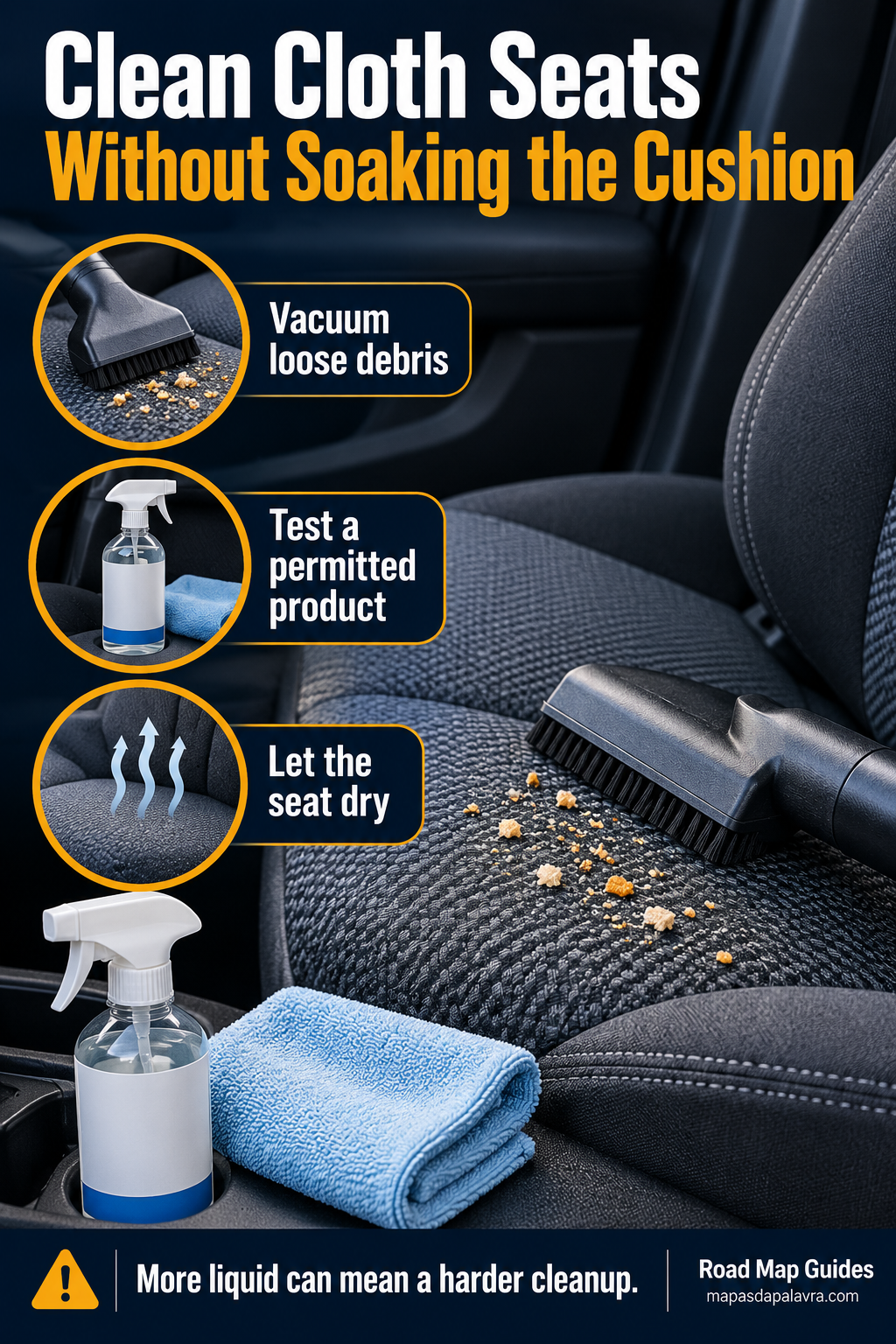 Woven car-seat fabric, vacuum nozzle, cloth and generic cleaner illustrate dry-first cleaning.
