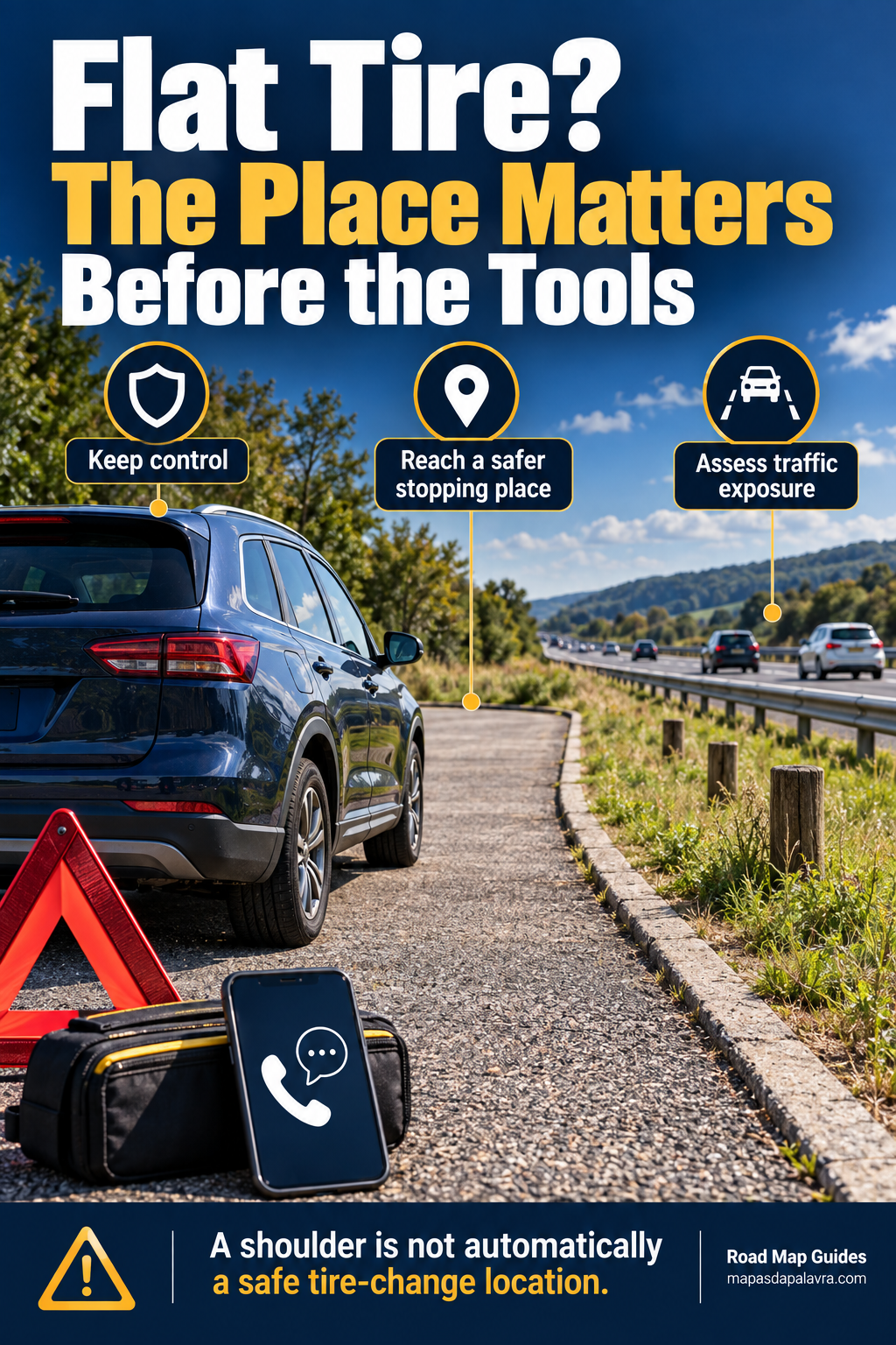 A car stopped away from traffic beside roadside-assistance information, with traffic exposure emphasized.
