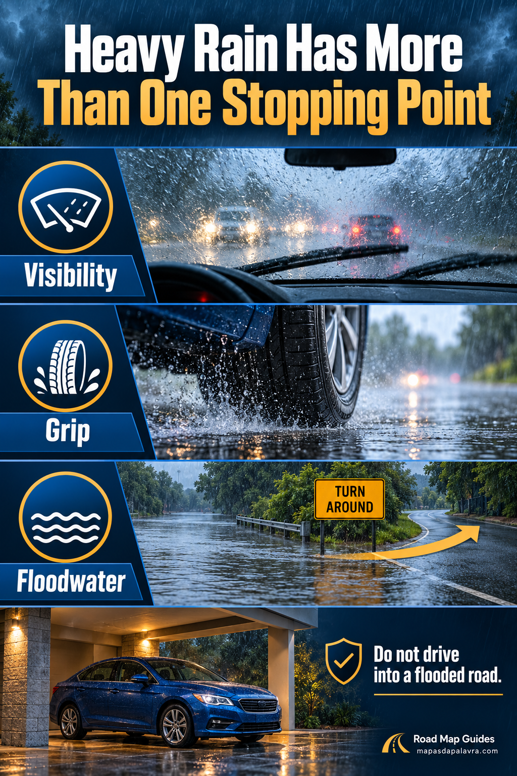 Rain, wet-road tire grip and a flooded-road turnaround scene explain three different driving limits.