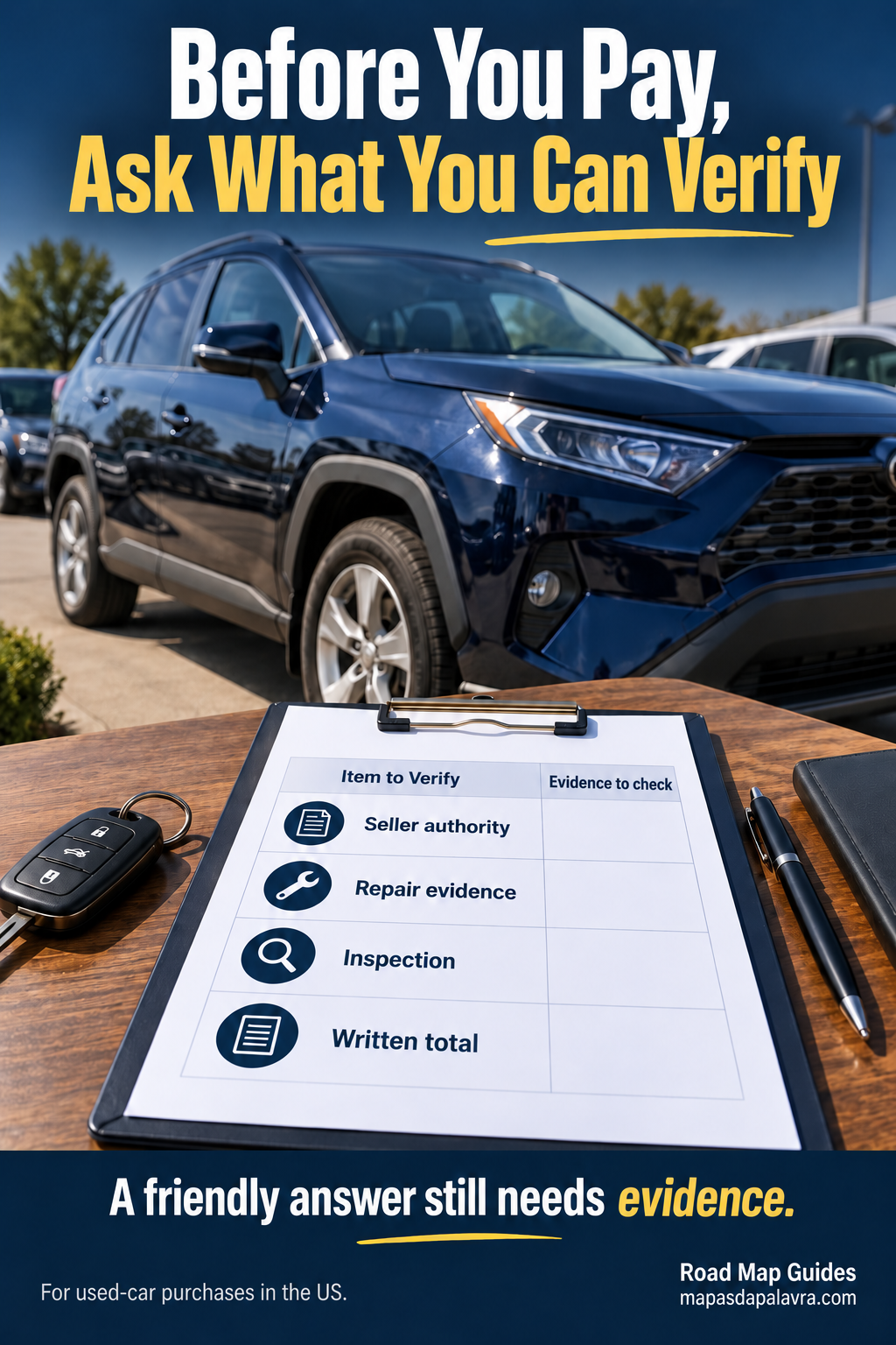 Used car beside a blank seller-authority, repair-evidence, inspection and written-total checklist.