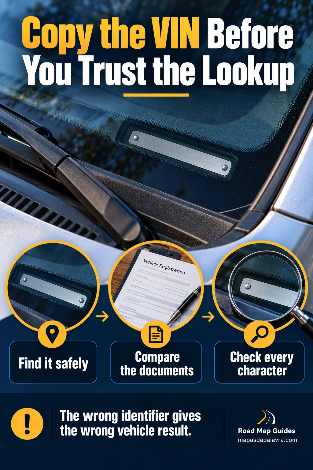 Illustration of windshield VIN location and blank registration document emphasizes matching every character.