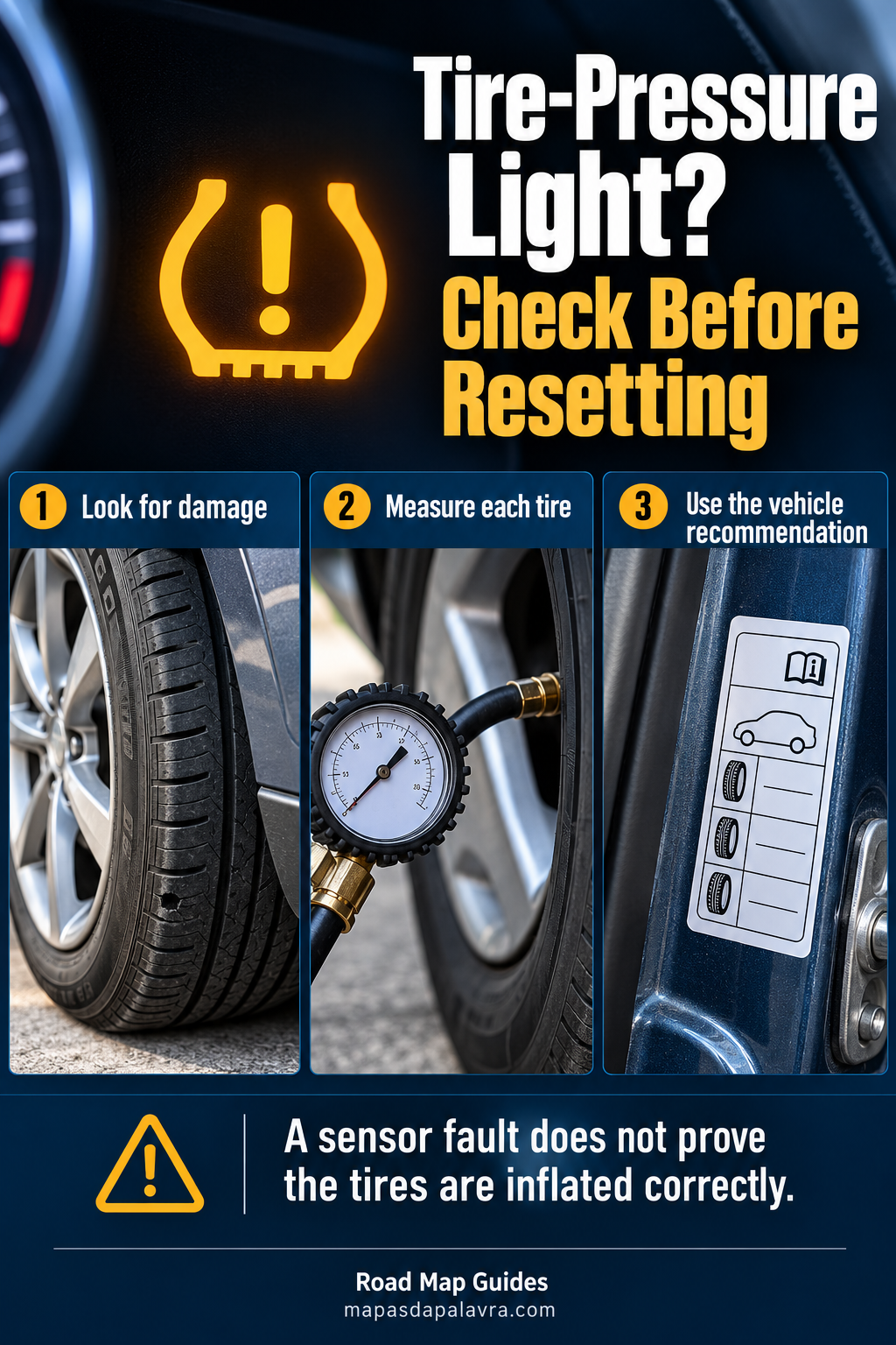 TPMS warning symbol, tire gauge and vehicle placard illustrate damage and pressure checks before resetting.