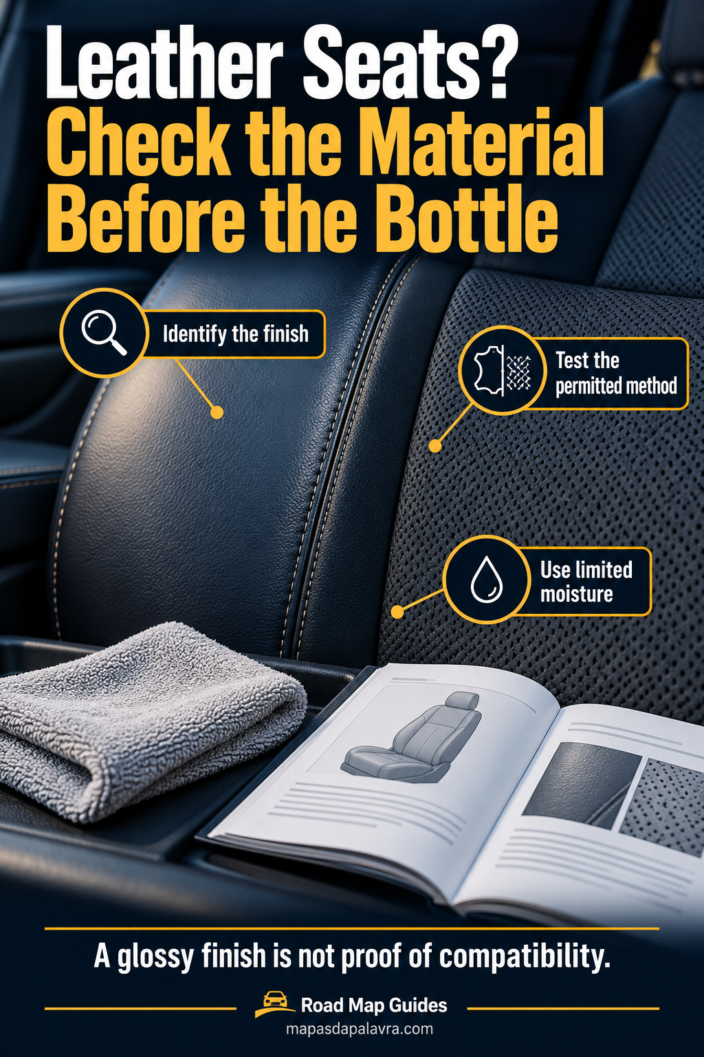 Leather and synthetic seat textures, soft cloth and vehicle manual illustrate finish-specific care.