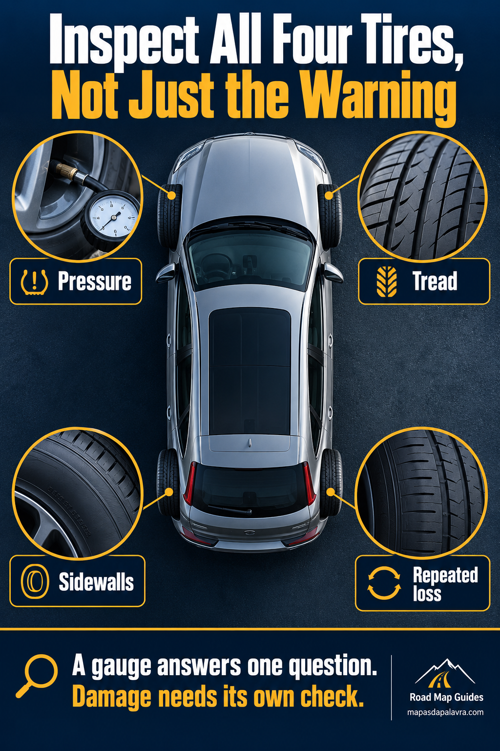 Four-wheel inspection diagram connects tire pressure, tread, sidewalls and recurring pressure loss.