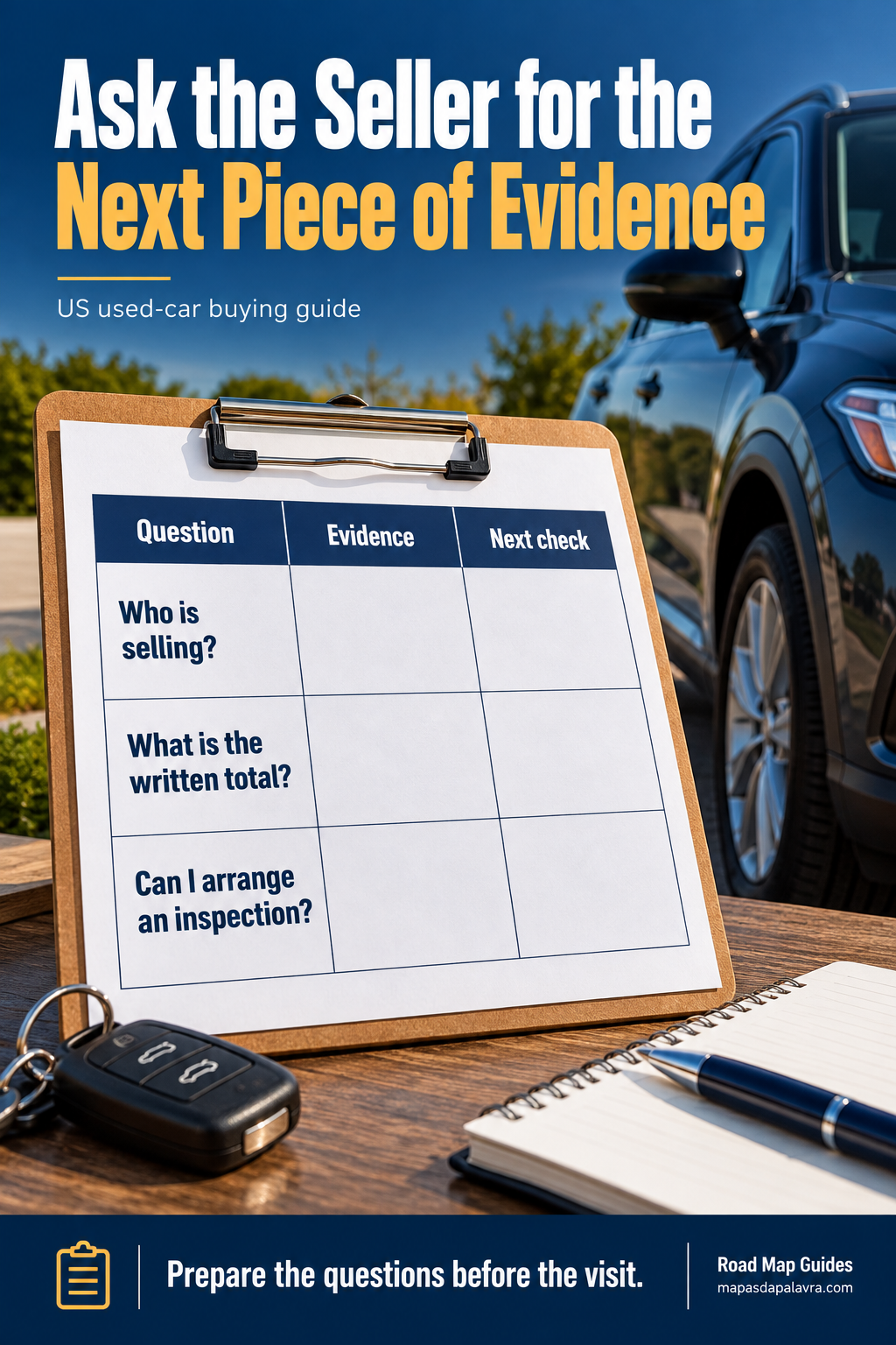 Blank seller conversation card lists questions, evidence and next checks beside a parked car.