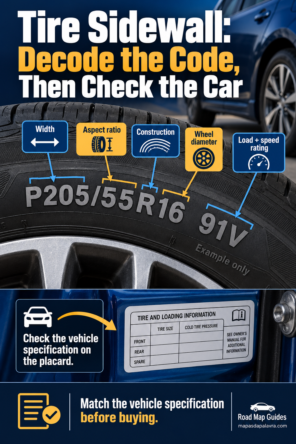 Example tire sidewall code is labeled by width, ratio, construction, wheel diameter and load-speed rating.