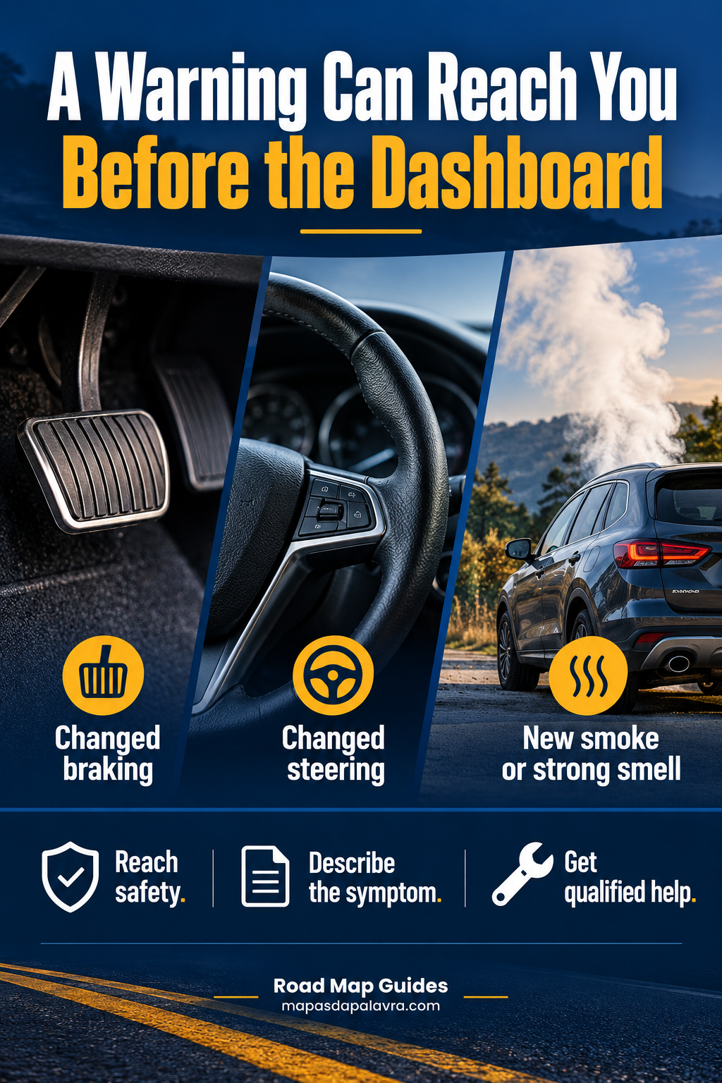 Instructional braking, steering and smoke illustrations encourage safe stopping and factual symptom descriptions.