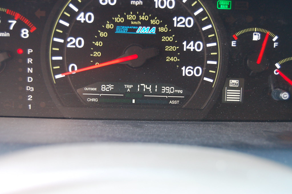 Car dashboard showing a 39.0 mpg fuel economy reading