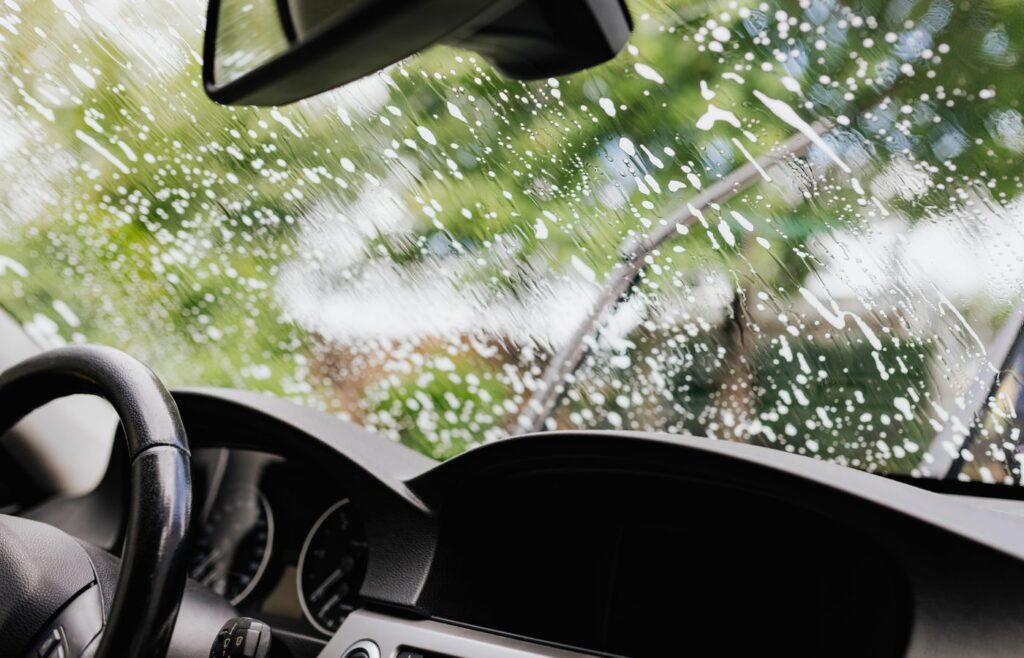 Soapy windshield seen from inside a car